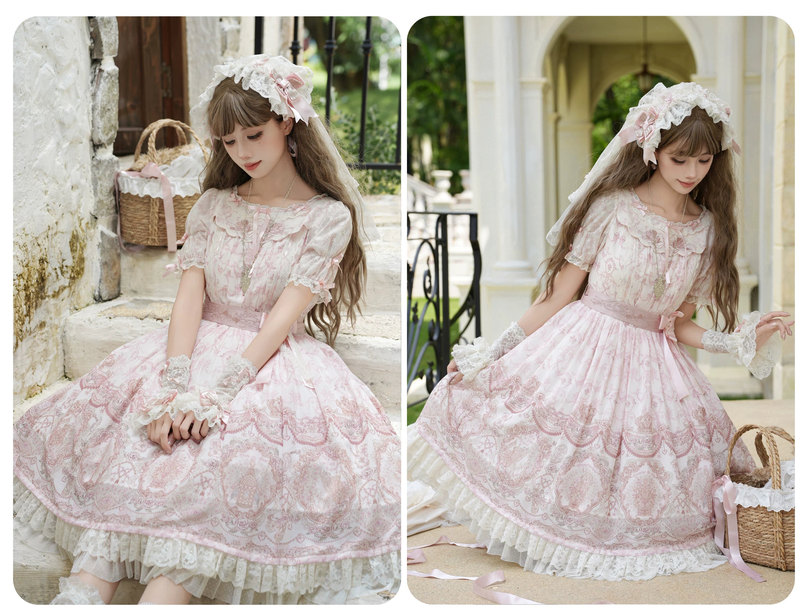 Rose Fragrance - Classic Lolita Lace JSK & OP Dress, Rose & Perfume Bottle Print 45850:865583