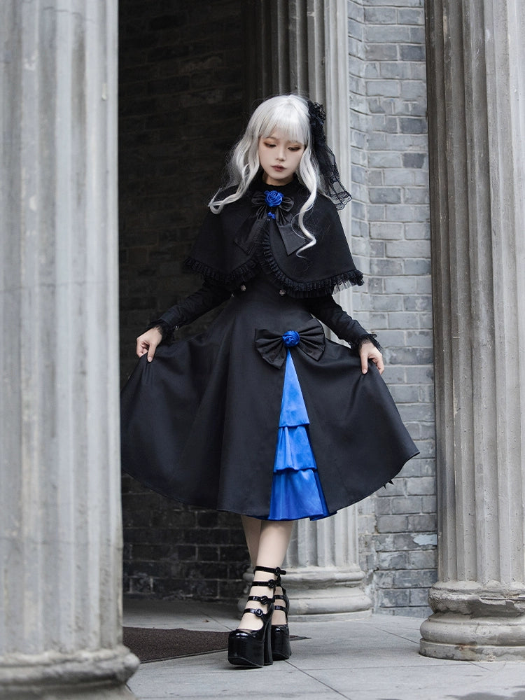 (BFM)With PUJI~Night Serenade~Retro Lolita Cloak Color-Blocked Blue and Black Cape OP Set   