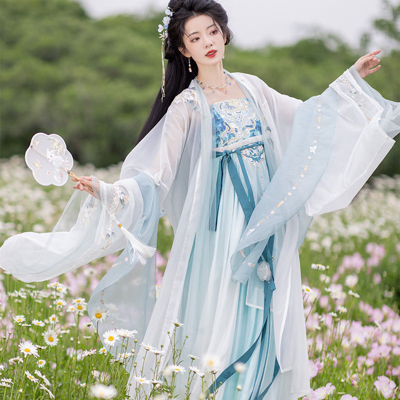 Chixia~Han Lolita Elegant Dusty Blue Tube Top Dress S full set(outer big sleeved shirt+inner big sleeved shirt+tube top dress+shawl+shoudler strapes) 