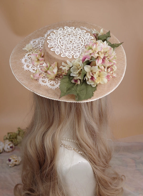 Rose of Sharon~Embroidered Ball~Elegant Lolita Headdress Handmade Lace and Flower Khaki Flat Cap   
