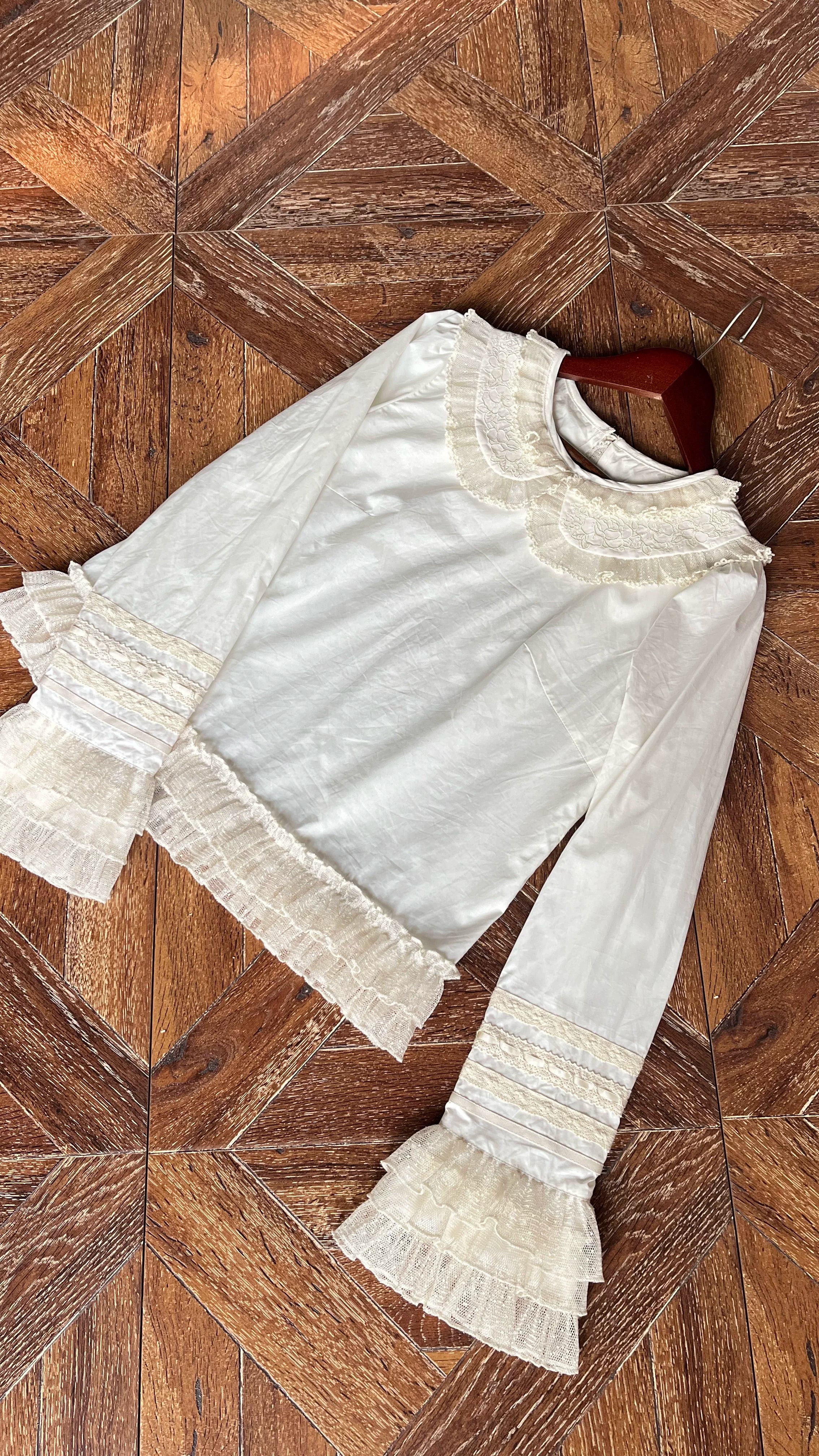 Flower Rabbit Bear - Country Lolita Tiered Skirt Dress, Floral & Bear Print Long Sleeve Blouse Only S