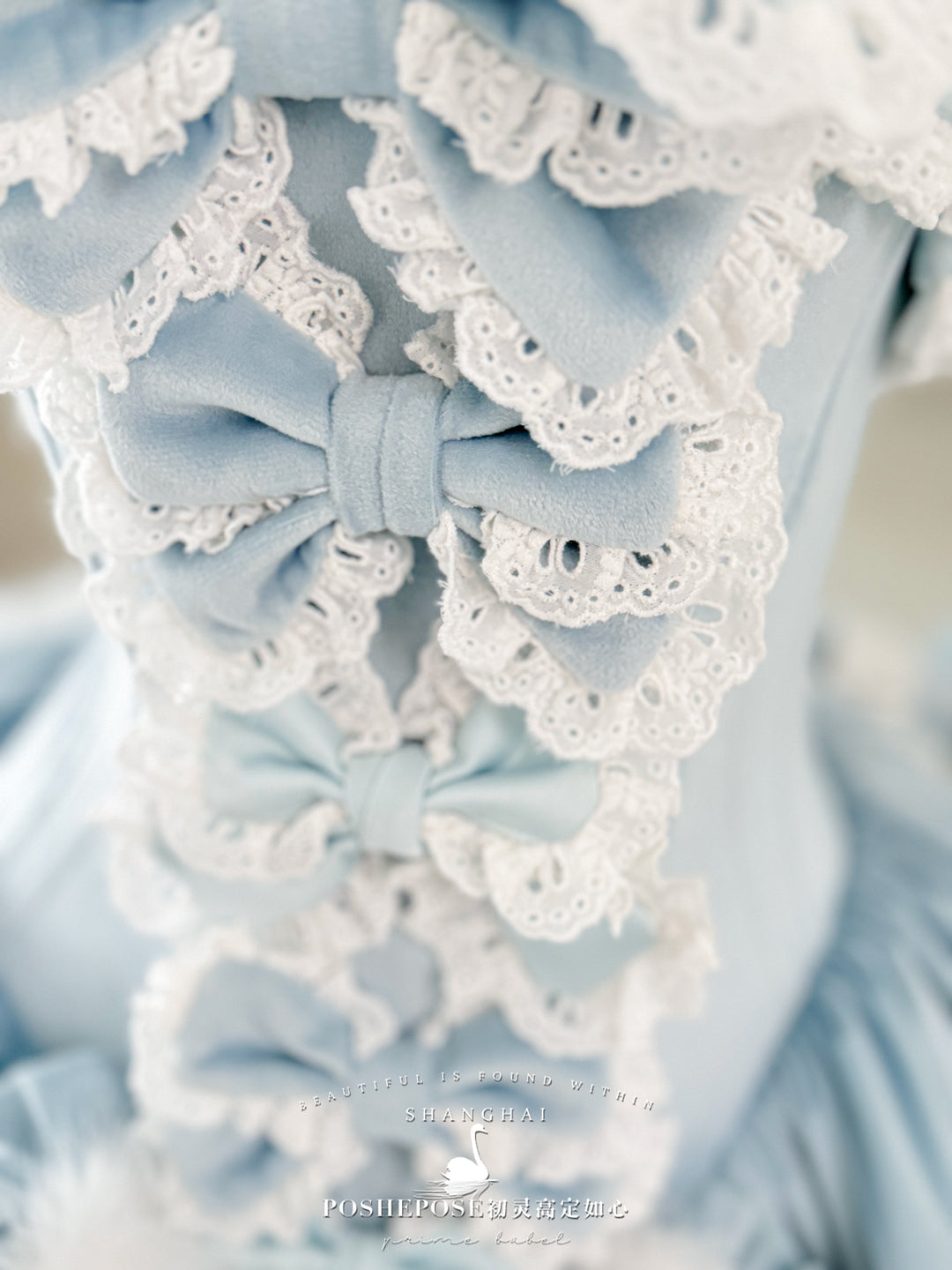 POSHEPOSE~Chuling Swan Lake~Sweet Lolita JSK Set Velvet Blue Dress for Prom 42865:755848