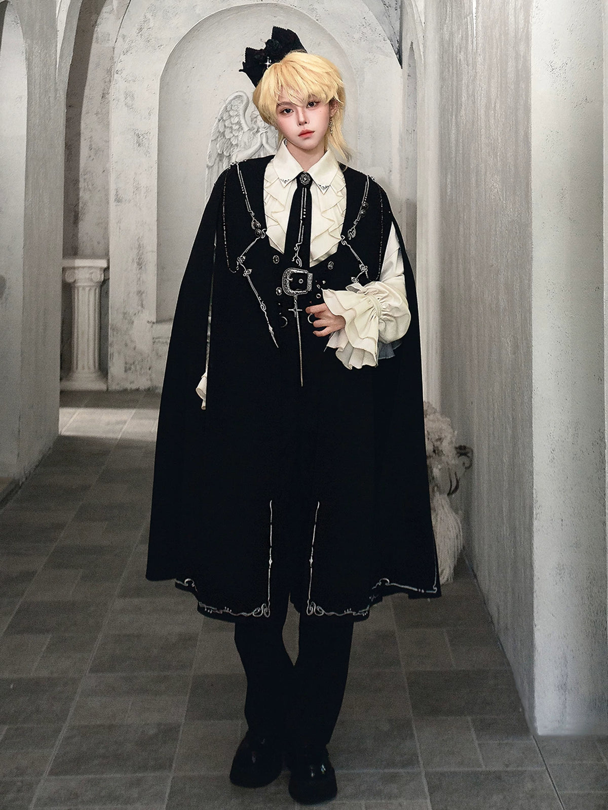 Hidden Crow - Ouji Lolita Cloak & Pants Suit, Silver-Thread Embroidery 46041:873240