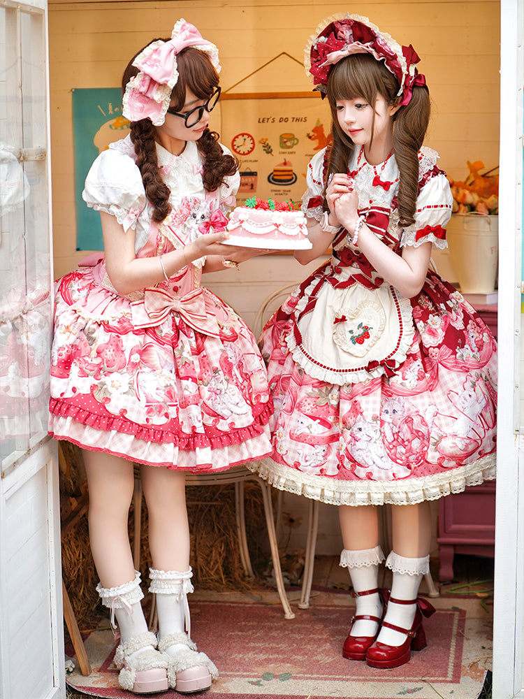 Mewroco~Strawberry Cat~Sweet Lolita Dress Suit JSK and Salopette with Cat Prints