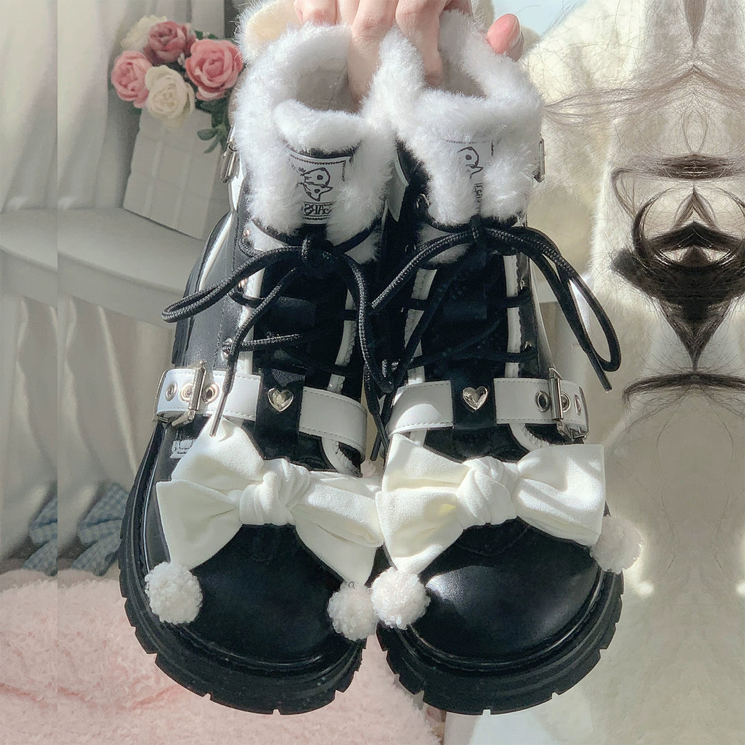 StarsCrwon~Sweet Lolita Shoes Winter Lolita Martin Boots Black and white 34 Inner length 22 cm / 8.7 inches (sole size 35)