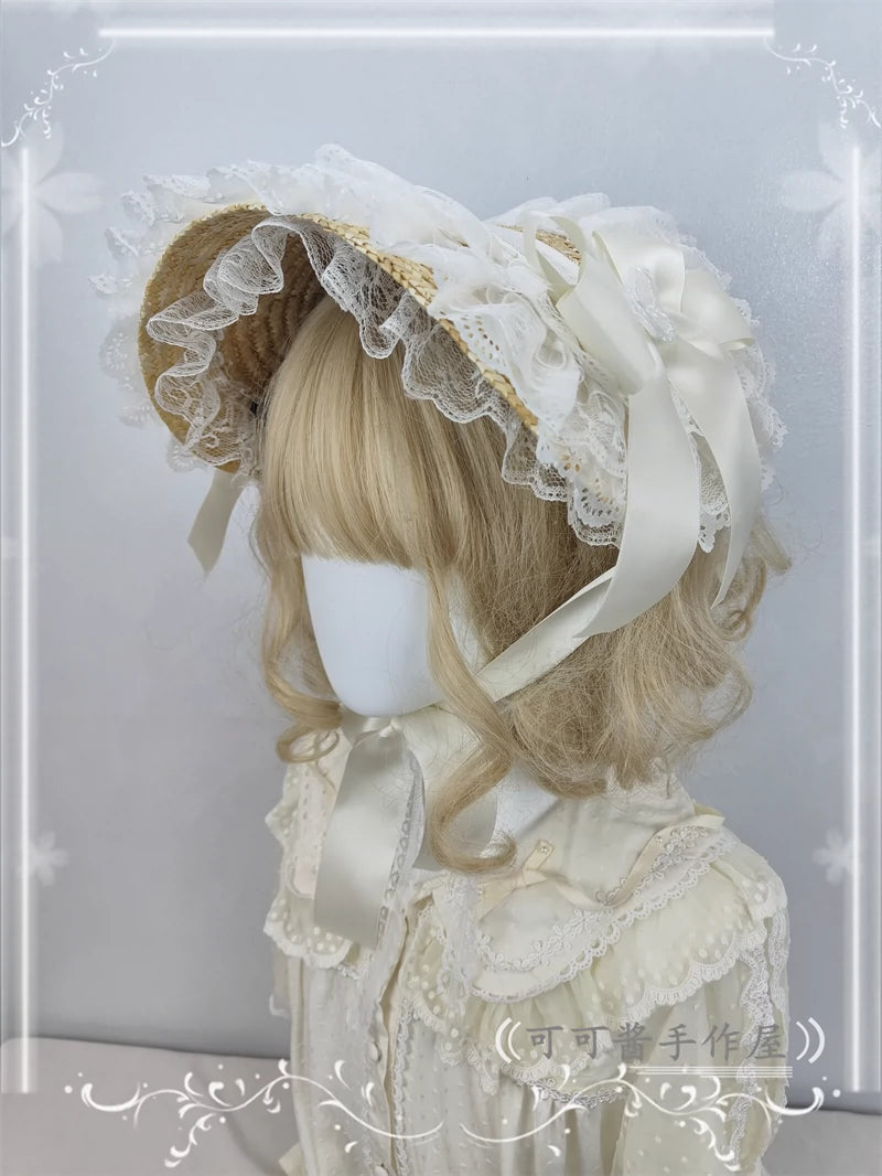 Cocoa Jam~Country Lolita Bonnet Lace Flower Flat Cap Multicolors Customized 36112:524726
