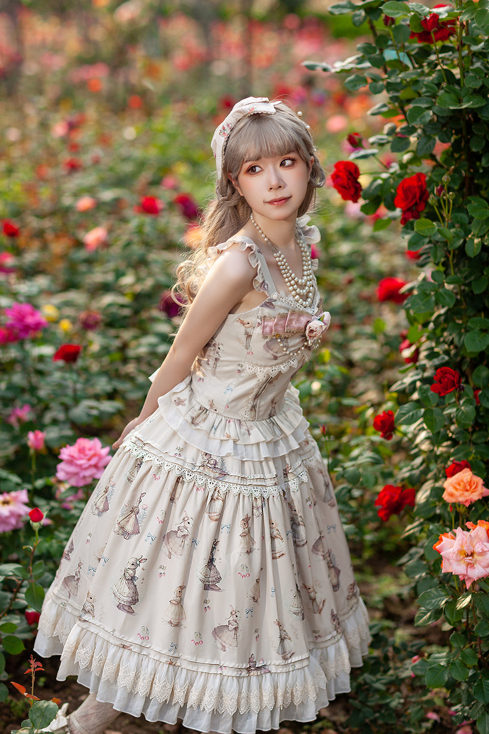 Infanta~Elegant Lolita JSK Dress Tiered Rabbit Prints Middle Split Dress S KC Apricot - Free size 