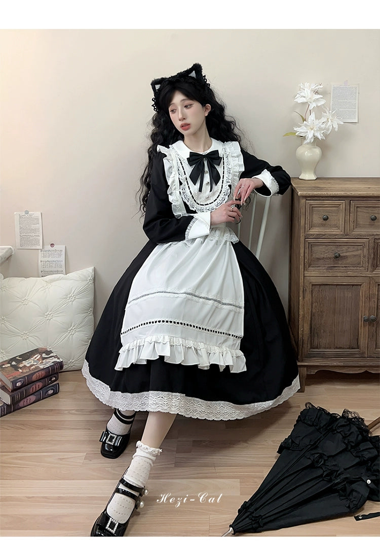 Hezi's Cat Haven~Black Cat Butler~Maid Lolita OP Dress Elegant Black and White Dress