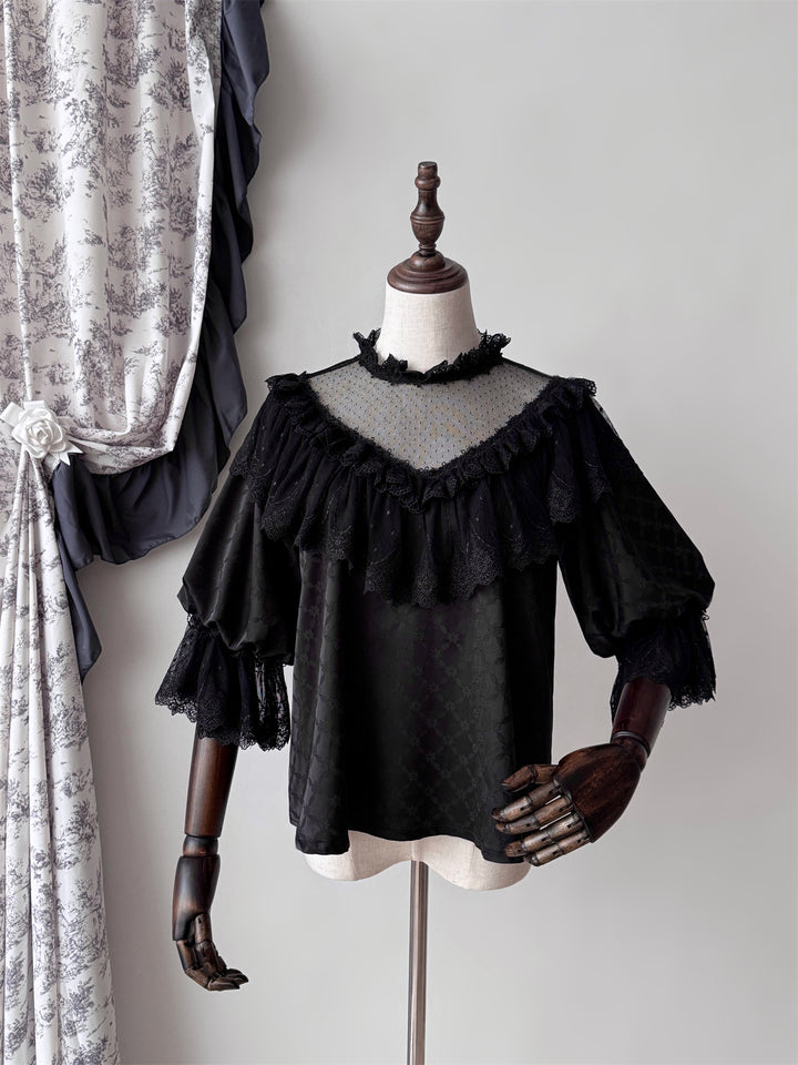 Muppet Mind Ben~Dream Awaken~Elegant Lolita Shirt with Tulle V-line Neckline Black shirt - with tulle S