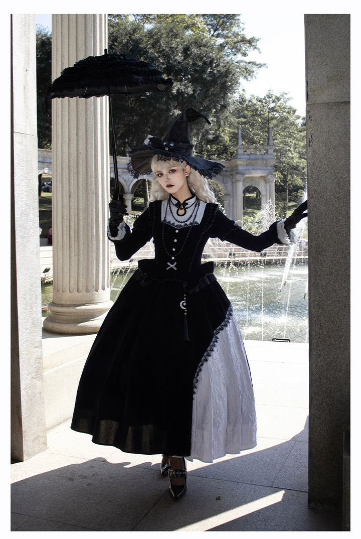 With Puji~Innocent Talk~Halloween Chinese Style Lolita OP Black-silver Gray Dress   