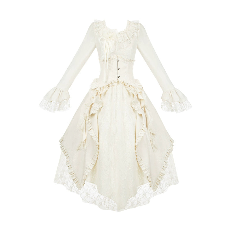 With PUJI~White Tea~Classic Lolita OP Dress with Irregular Design and Fishbone Waistband