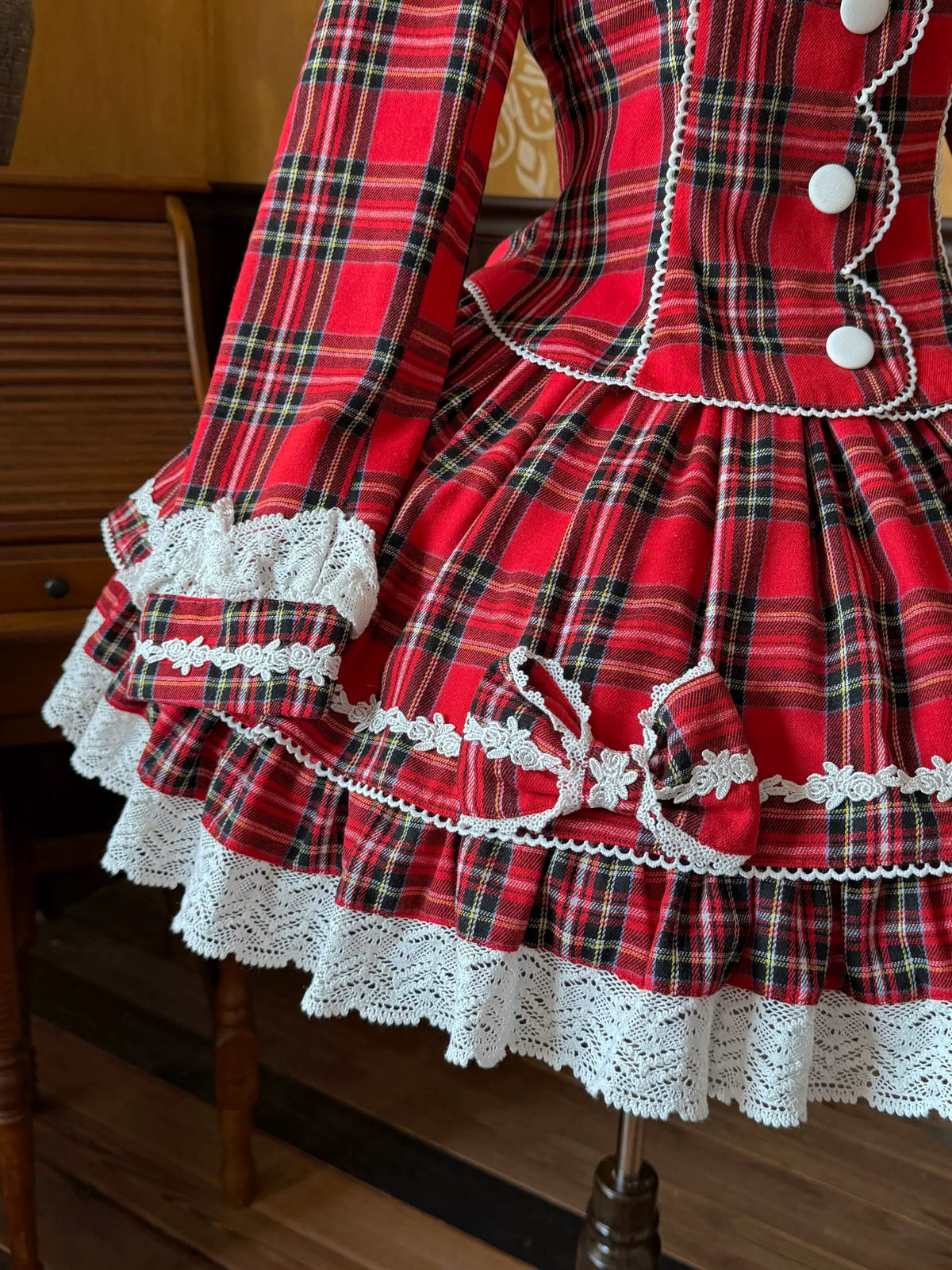 Christmas Knot - Christmas Old School Lolita Jacket & Skirt Set, Red Plaid 46051:873270