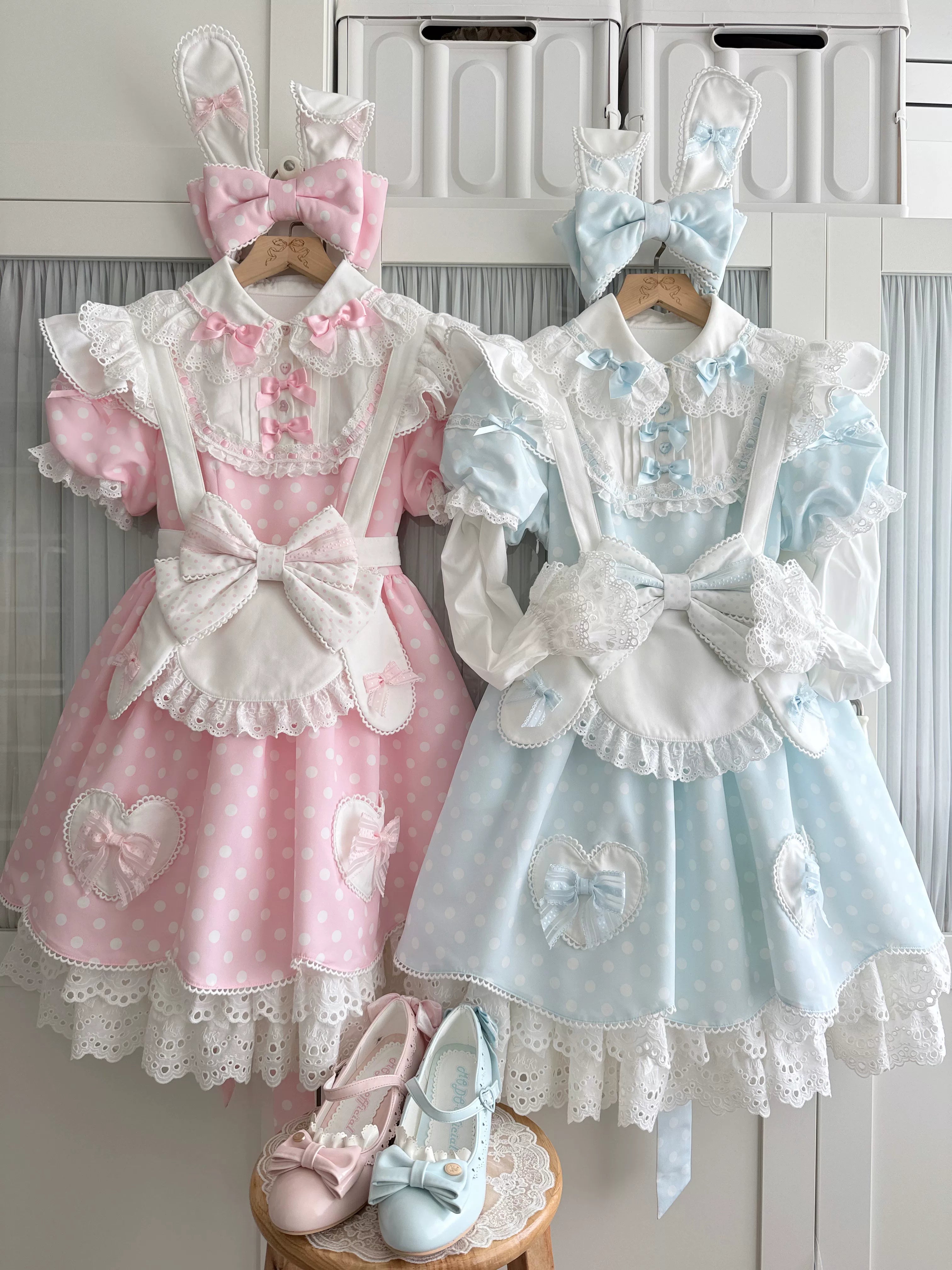 Bunny Kissaten - Four Colors Old School Lolita Polka Dot OP, Bunny Ear Apron 45824:864308