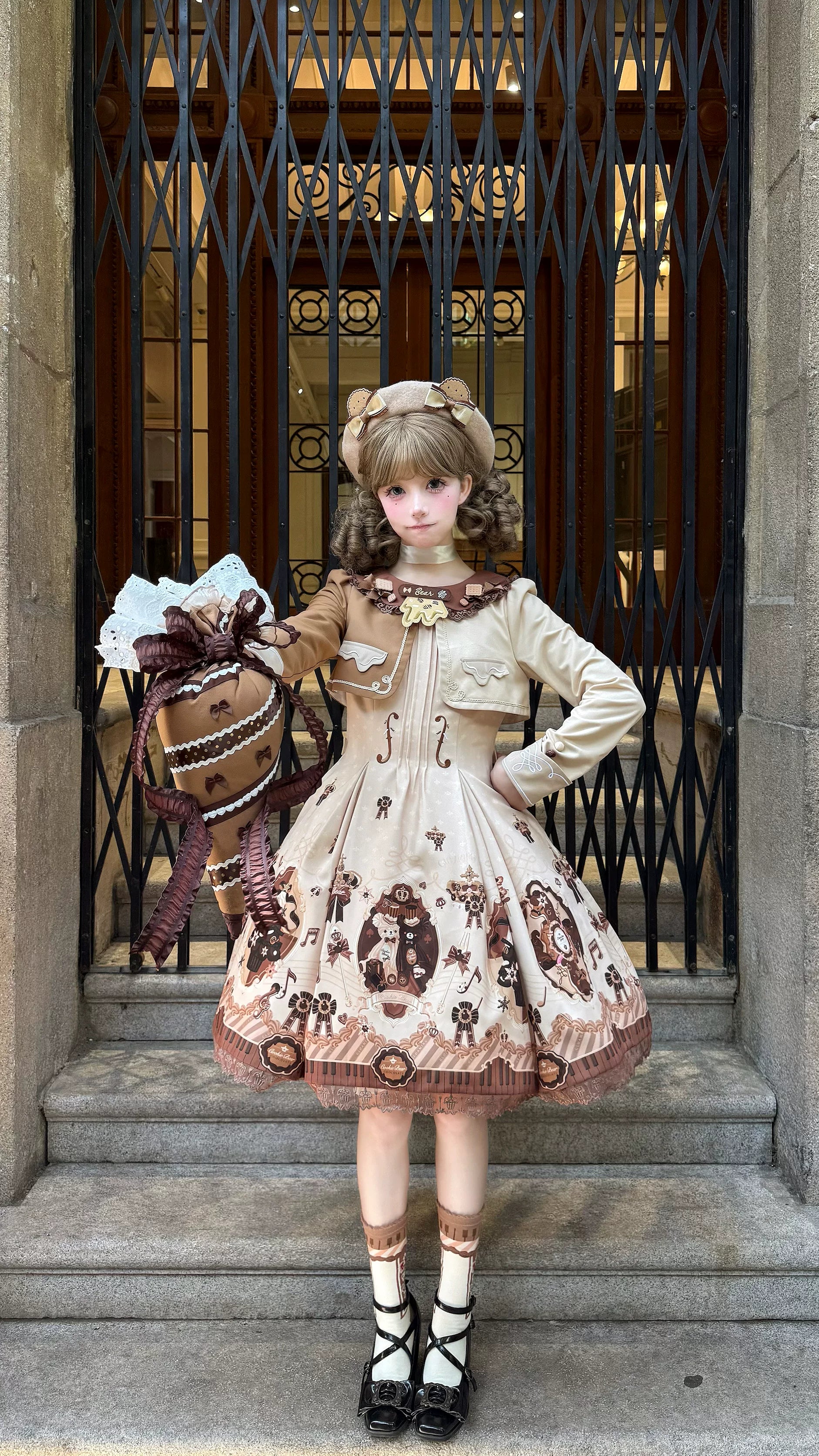 Cream Bear - Print Kawaii Lolita Fake Two-Piece OP, A-lined JSK Dress 44502:811670