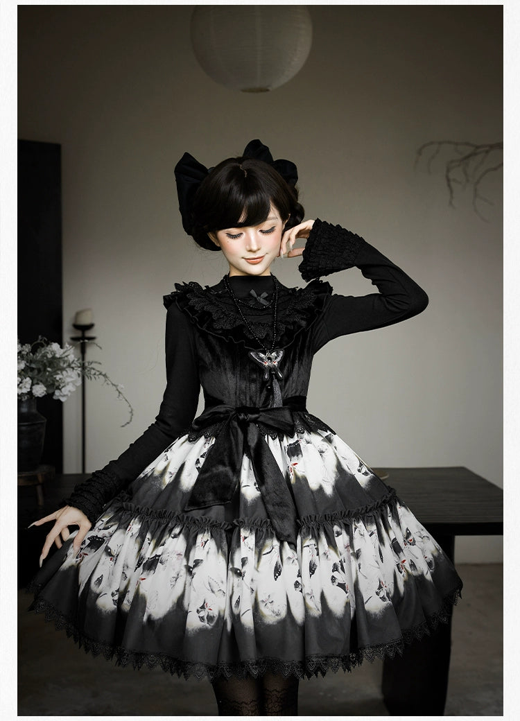 With PUJI - Dead Leaf Butterfly - Gothic Lolita JSK & OP Dress Set, Butterfly Print 44346:805412
