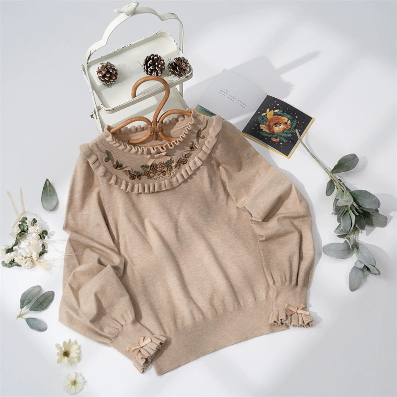 (BFM)NyaNya~Long Sleeve Knit Lolita Sweater Embroidered Innerwear a sweater only S khaki (pinecone embroidery)
