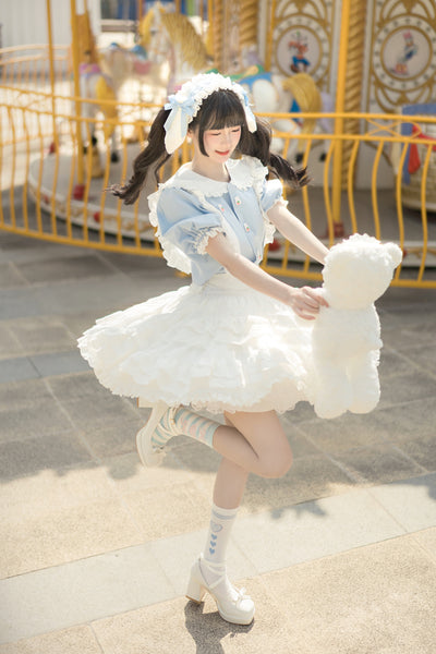 Fishing boss~Kawaii Lolita Assorted Color Skirt Suits S blue short sleeve shirt+white skirt 