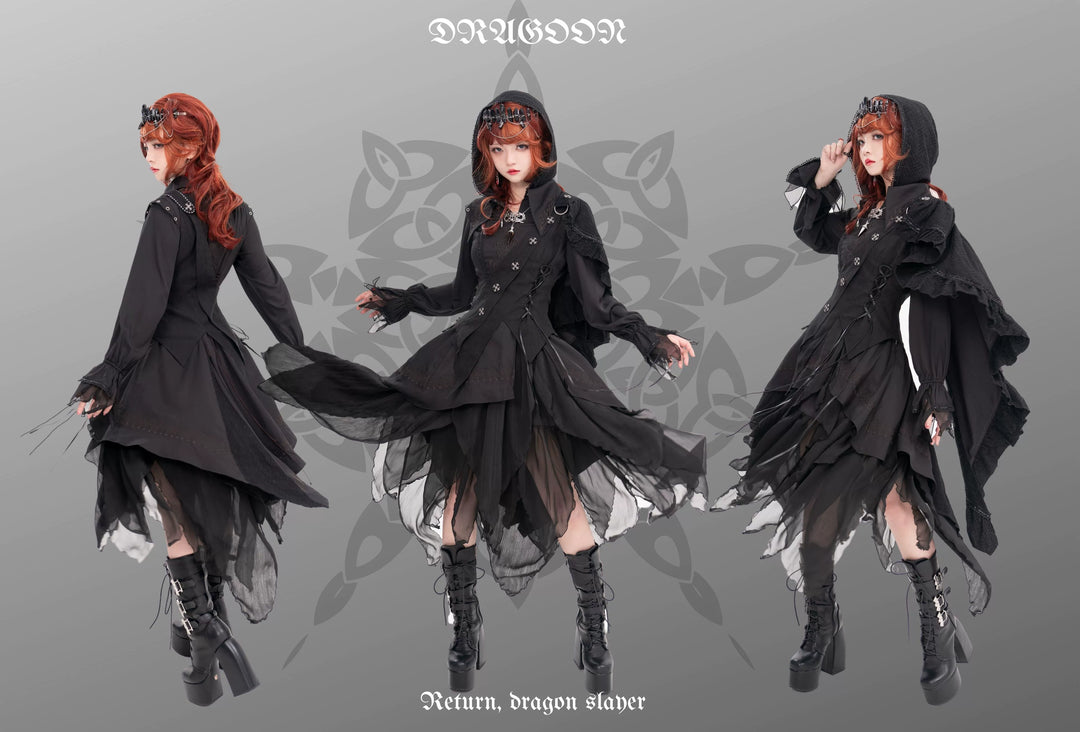 Wuyuzhe~Dragon Knight 2.0 Version~Western Fantasy Style Suit Gothic Shirt Vest Skirt free size full black FS(Black shirt+Black vest+Black skirt+Black cape) 