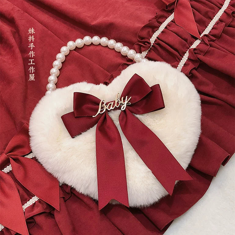 MAID - Kawaii Lolita Heart Bag Plush Pearl Chain Handbag Burgundy