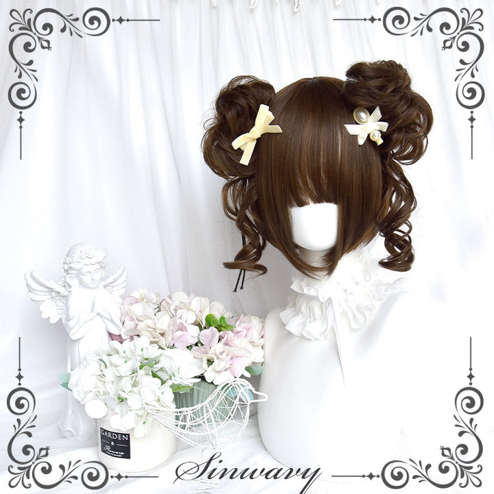 Sinwavy~Kawaii Lolita Brown Wig Cute Bun Ponytail Doll-like Wig   