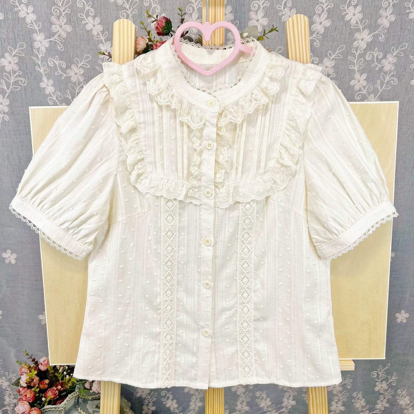 DMFS Lolita~Sweet Lolita Blouse Cotton Summer Short Sleeve Shirt S Apricot 