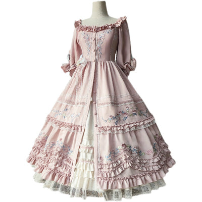 (BFM)Two Rural Cats~Country Lolita Dress Daily Elegant OP with Embroidery Fullset S pink