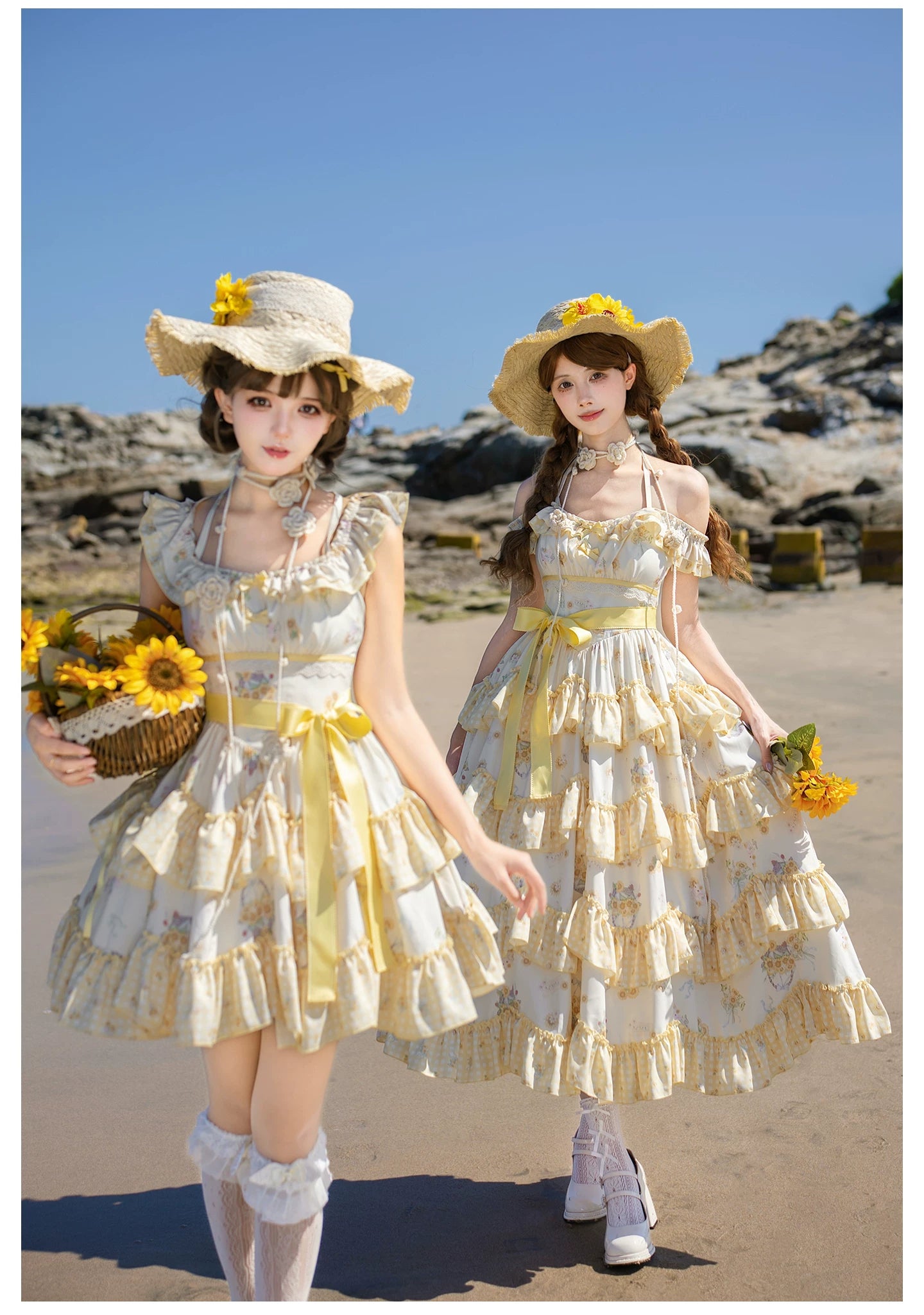 Small Sunflower - Classic Lolita Sunflower Printed JSK Dress, Tiered Hem 45740:860883