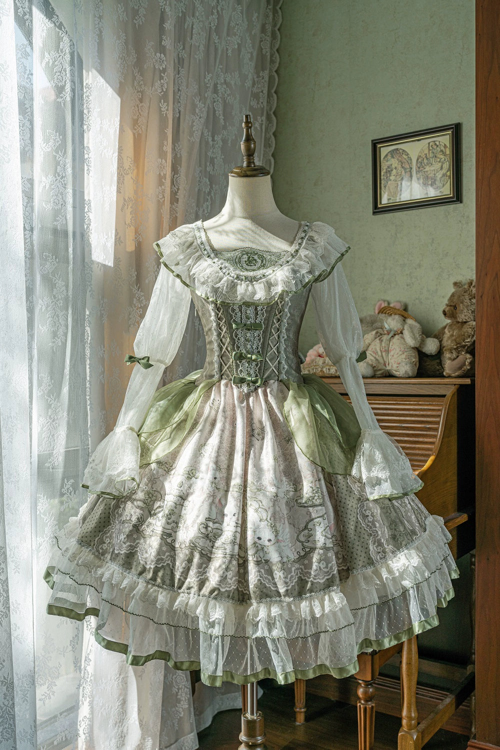 YingLuoFu - Teacup Bunny - Classic Lolita OP Dress, Fresh Green Floral Print 43263:783878