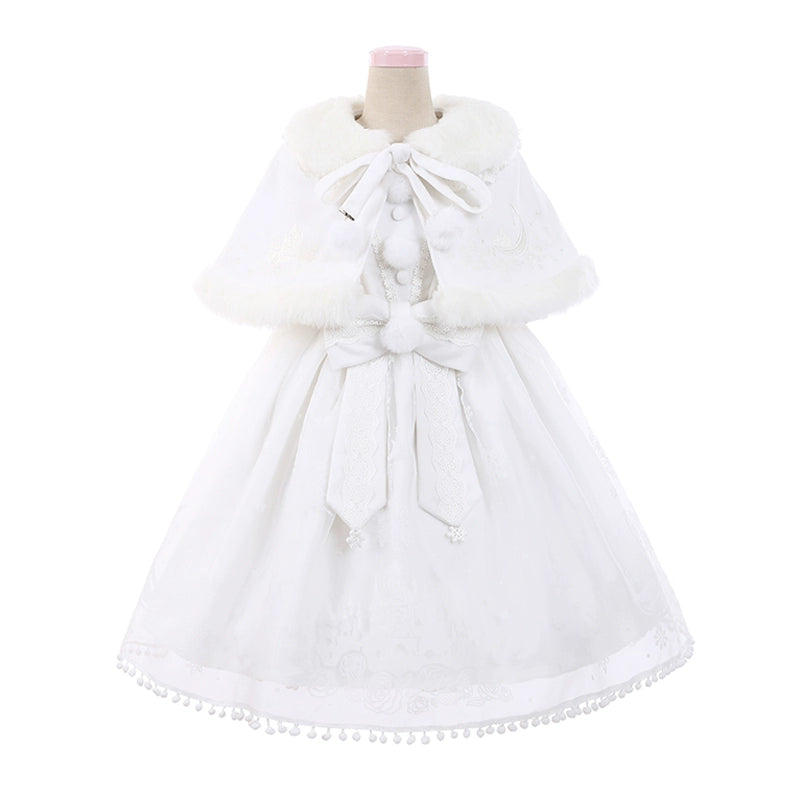 To Alice~Snow Moon Castle~Sweet Lolita Jumper Dress Set Christmas Plush Cape S Off-white suit 