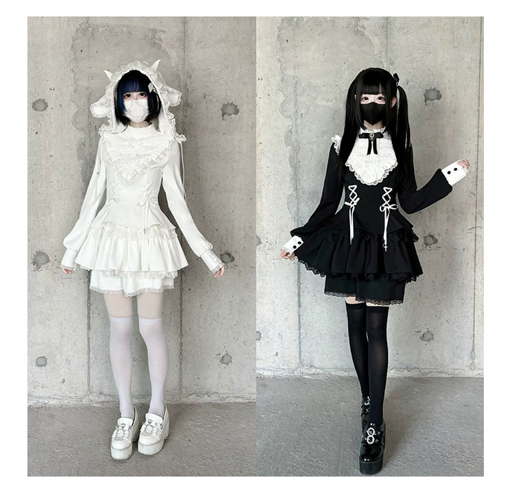 With Puji - Doki - Twin Lolita OP Black/White Goth Dress with Pocketed Shorts