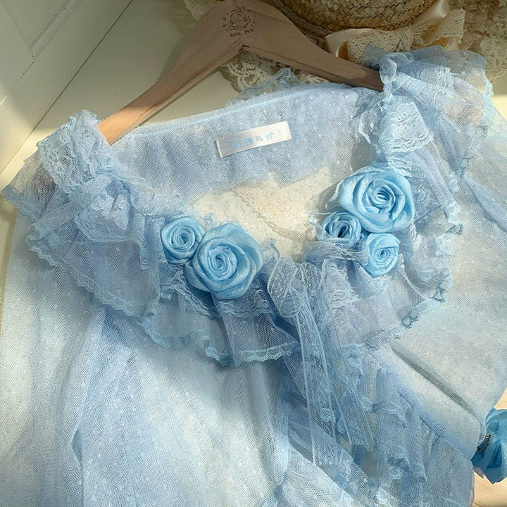 With PUJI~Flower Visage~Summer Lolita Sheer Cardigan with Rose Brooch