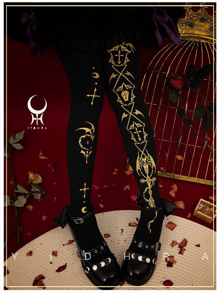 Yidhra~Dragon of Last Descent~Winter Lolita Pantyhose Goth Halloween Socks Free size Black Gold - Regular Style 