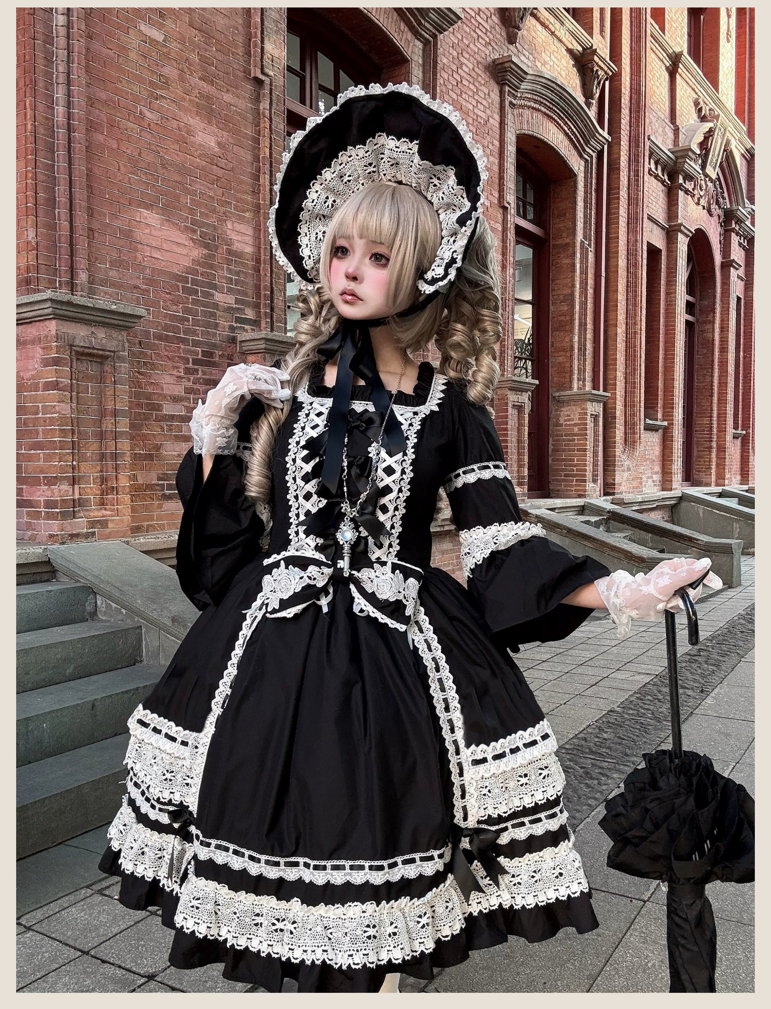First Otome - Black Old School Lolita OP Dress, Lace Details