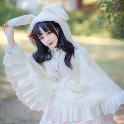 ZhiJinYuan~Lolita Winter Coat White Lolita Cape Thick Fleece Lined free size bunny ear woolen cape 