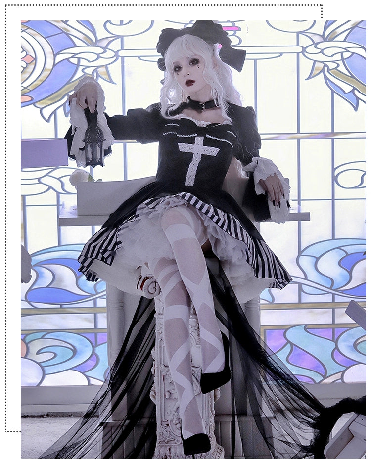 With PUJI~Requiem of Peace~Gothic Lolita Halloween Dress Fake Two-Piece OP   