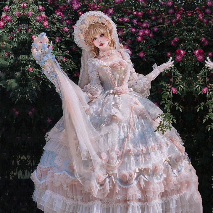 Cat Fairy~Rose Banquet~Wedding Lolita OP Dress Chiffon Princess Tea Party Dress S Pink-blue 