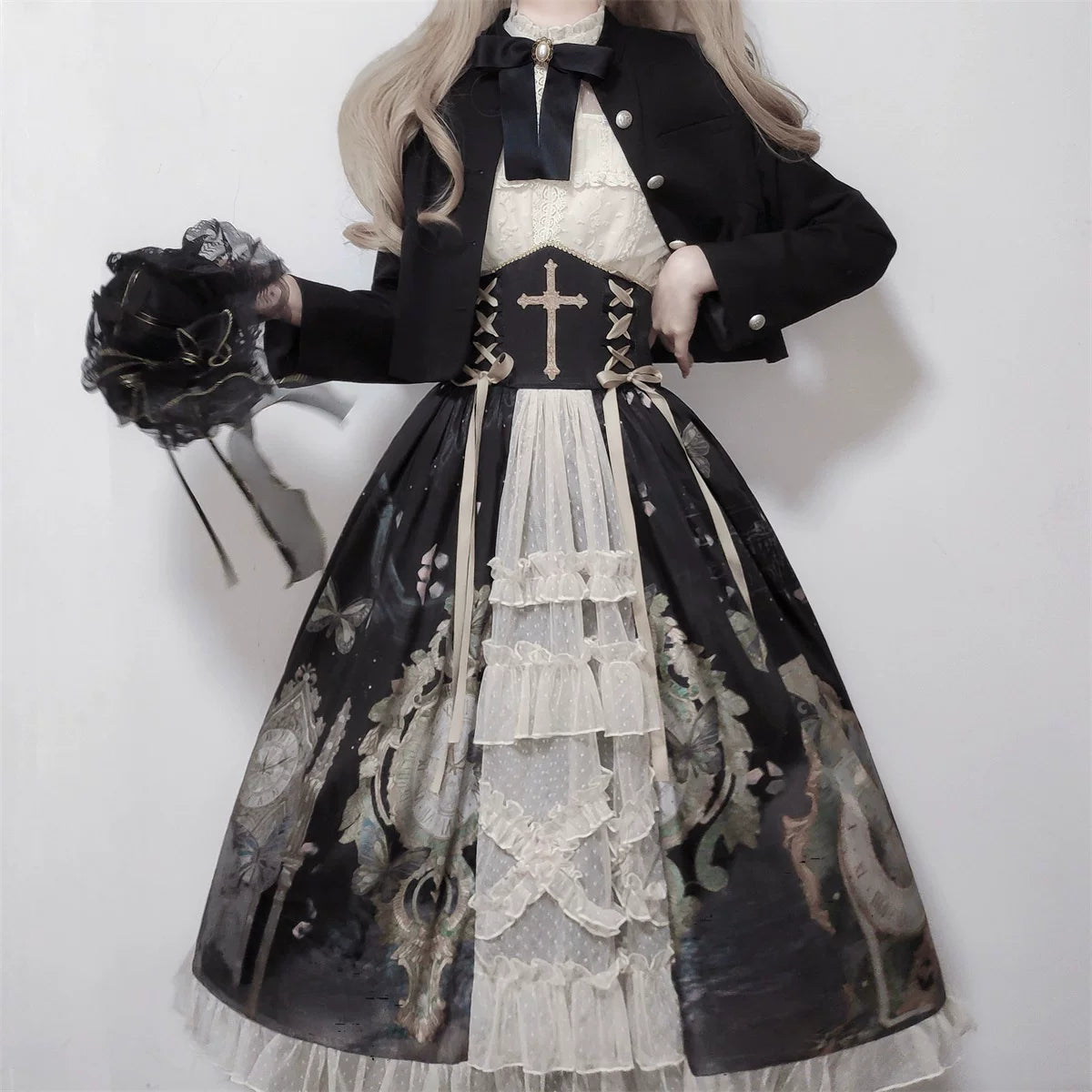 Clock Butterfly - Gothic Lolita Printed Blouse and Corset Skirt Set