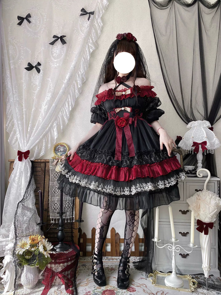 Uncle Wall Original~Night of Berea~Gothic Lolita OP Black and Red Lolita Dress