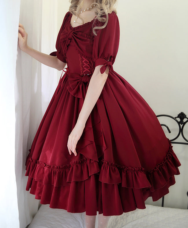 Forest Song - Elegant Lolita Solid Color Bow OP Dress Multicolors