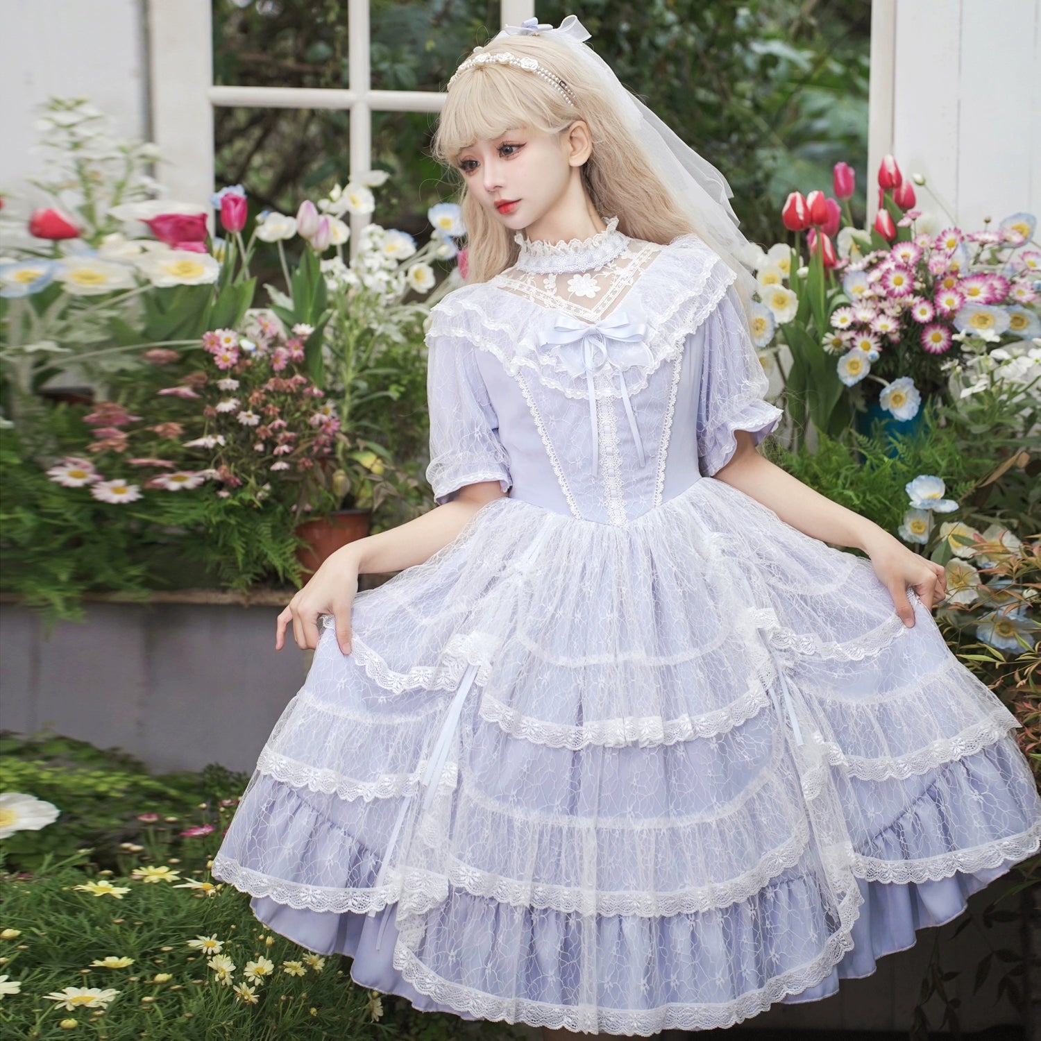 Eieyomi - Iris Love - Classic Lolita OP Princess Lolita Puff Dress and Veil OP Only S