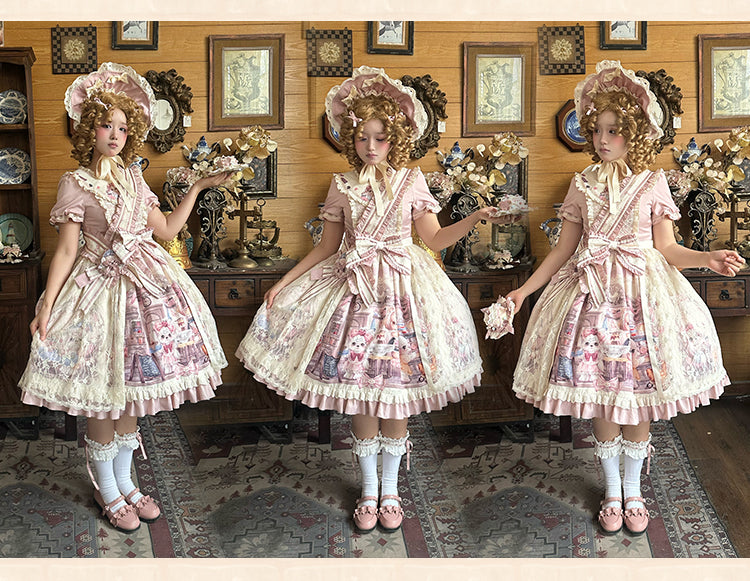 Spireme Cat~Puppy Cafe~Sweet Lolita OP Dress with Lace Skirt Overlay and Accessory 42408:739291