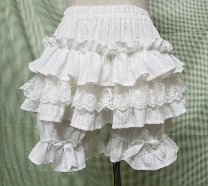 WangYan&Summer - Cotton Lolita Bloomers Tiered Pettipants White (jacquard pattern differs from the image) Short version (total length 40 cm / 15.7 inches)
