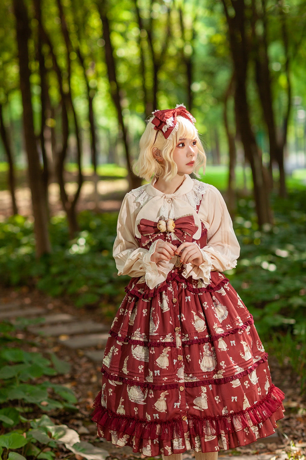Infanta~Elegant Lolita JSK Dress Tiered Rabbit Prints Middle Split Dress S Doll Room KC Red - Free size 