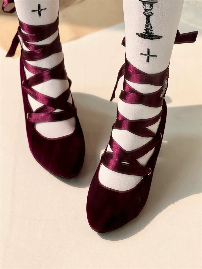 MR.Qiutian - Forbidden Dance - Elegant Lolita Velvet Shoes, Adjustable Lace-Up Straps 43837:786402