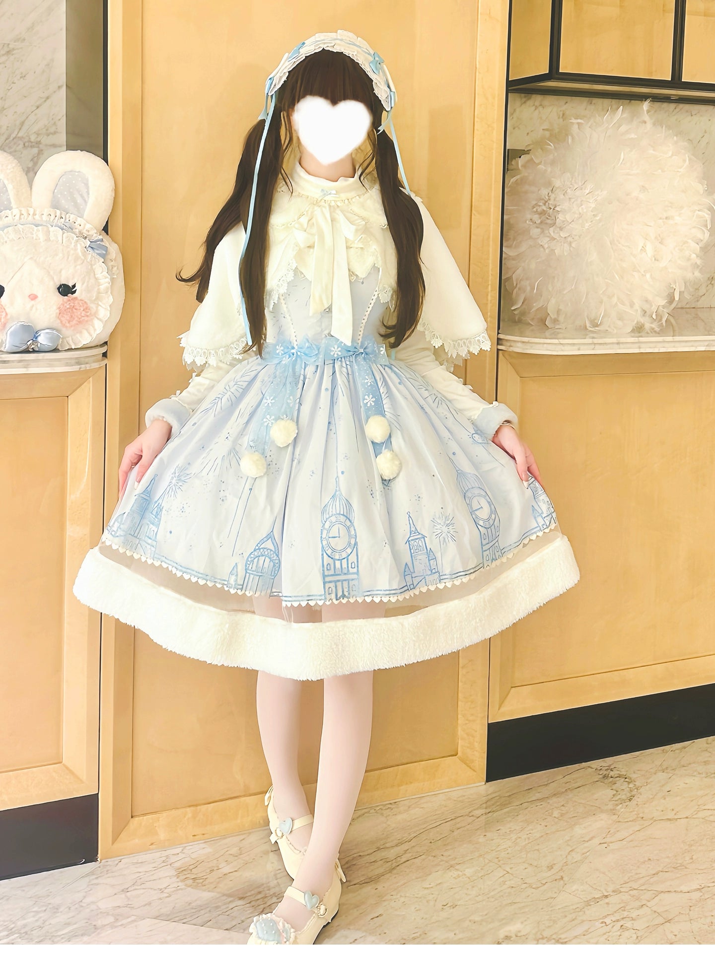 ZhiJinYuan - Snow Castle - Winter Sweet Lolita JSK Cape Dress, Blue Castle Print 44107:796459