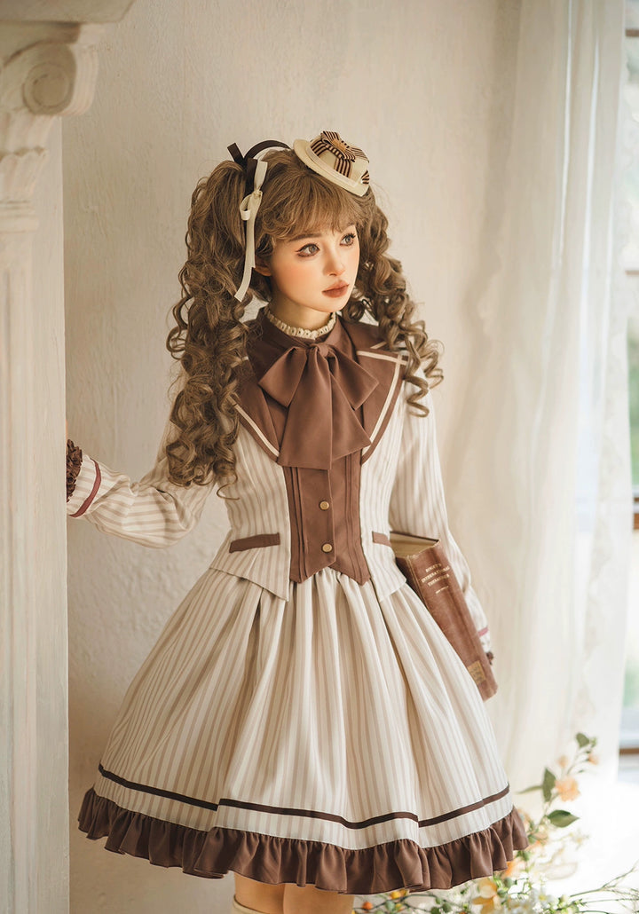 Miss Point~Classical Chocolate~Classic Lolita Jacket Elegant Striped Short Outwear