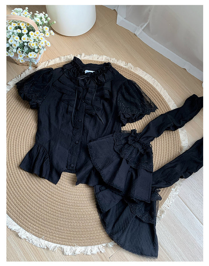 With PUJI~Anna~Classic Lolita Shirt with Lace Embroidery and Princess Sleeves Black shirt with detachable sleeves S