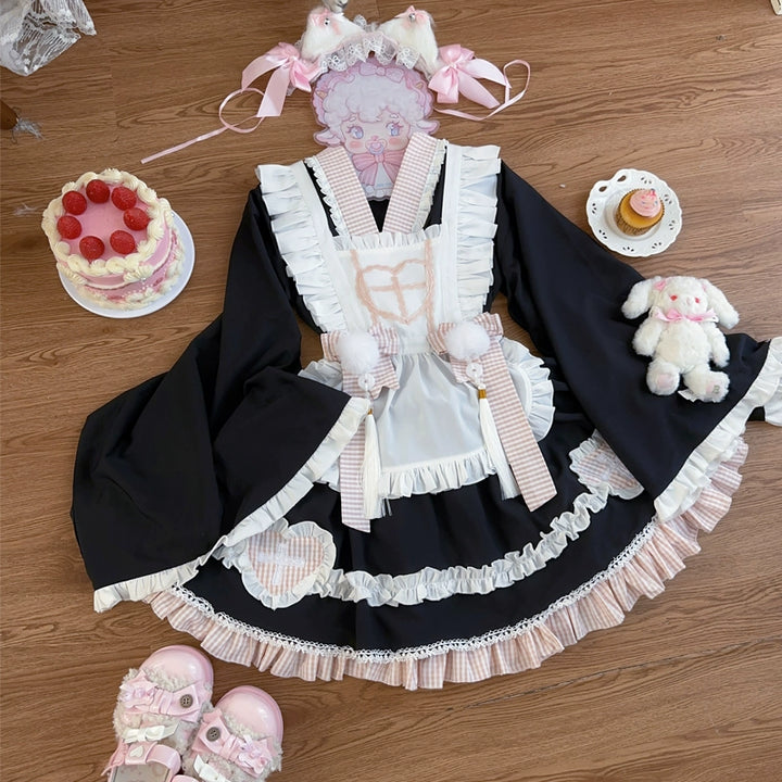 Hanguliang~Sweet Meow Nurse~Maid Lolita Skirt Set Kawaii Lolita Dress S Black (top + skirt + apron + back bow) 