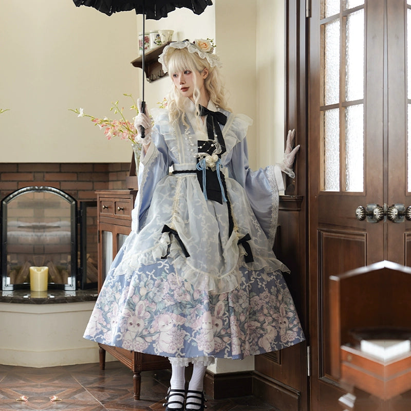 With PUJI~Letter and Poetry~Wa Lolita Dress Maid Printed OP Dress Set   