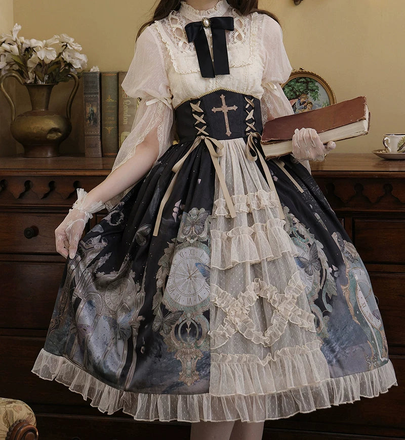 Clock Butterfly - Gothic Lolita Printed Blouse and Corset Skirt Set 4-piece Set (blouse + camisole + skirt + petticoat + bow tie) S